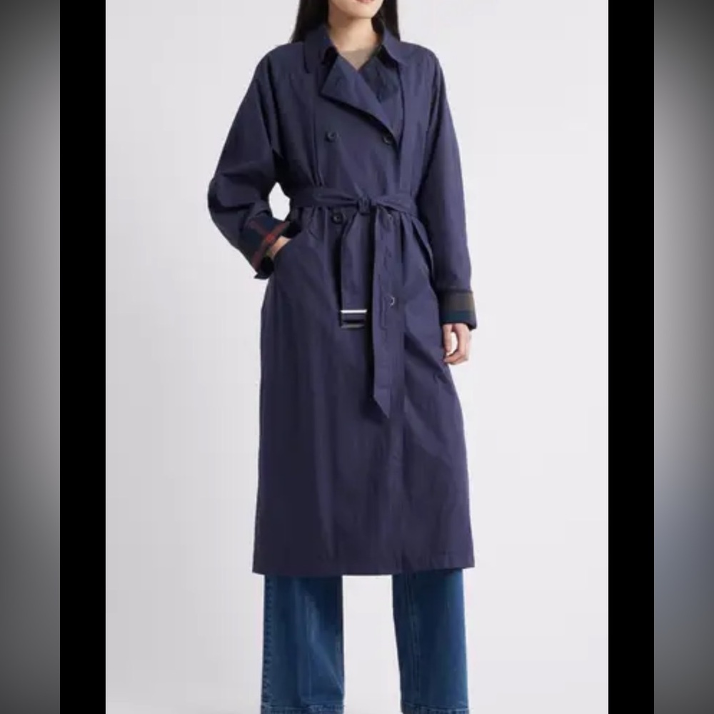 $220 NWT BERNARDO Longline Belted Rain Trench Coat jacket Navy Blue Plaid XL